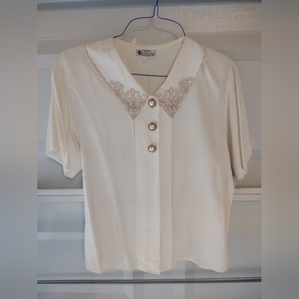 Vintage Women’s Cindy Collins Cream Short Sleeve Embroidered Blouse Top Sz Lg